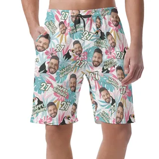 Custom Face Birthday Tropical Hawaiian Beach Shorts For Men
