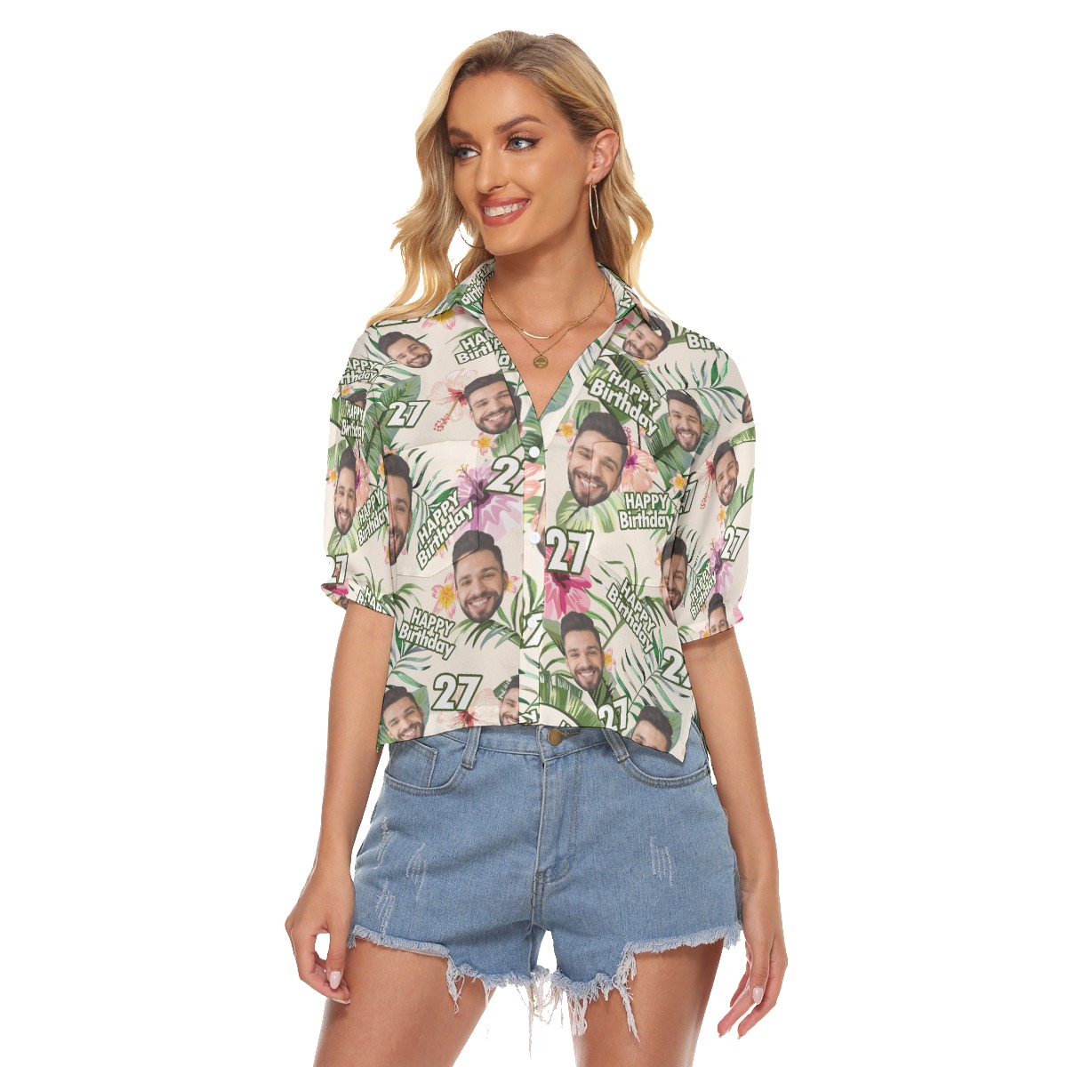 Customize Birthday Floral Hawaiian Cropped Shirt With Face - variant image 1