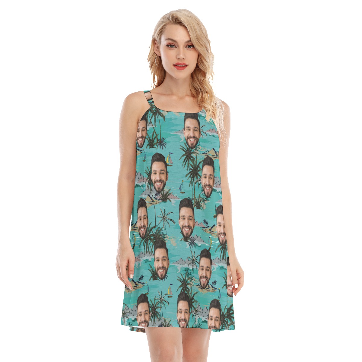 Palm Tree Island Hawaiian Cami Dress With Multi Face - variant image 1