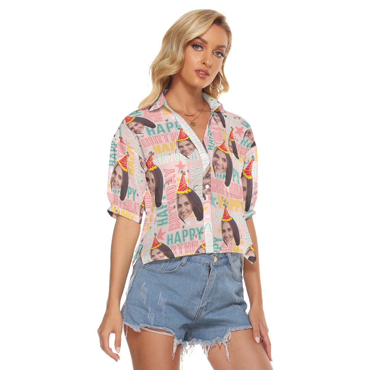 Happy Birthday Custom Face Hawaiian Cropped Shirt