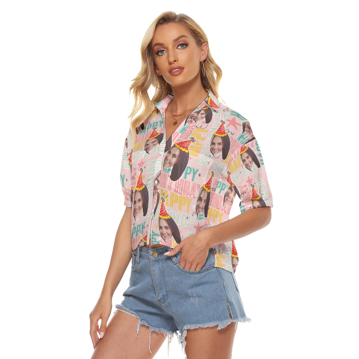 Happy Birthday Custom Face Hawaiian Cropped Shirt
