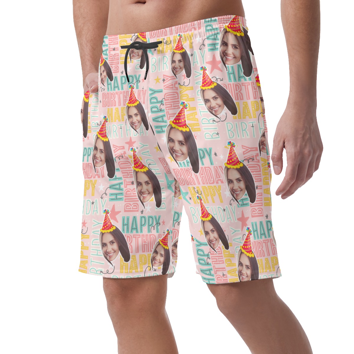 Unique Happy Birthday Custom Face Hawaiian Beach Shorts For Men