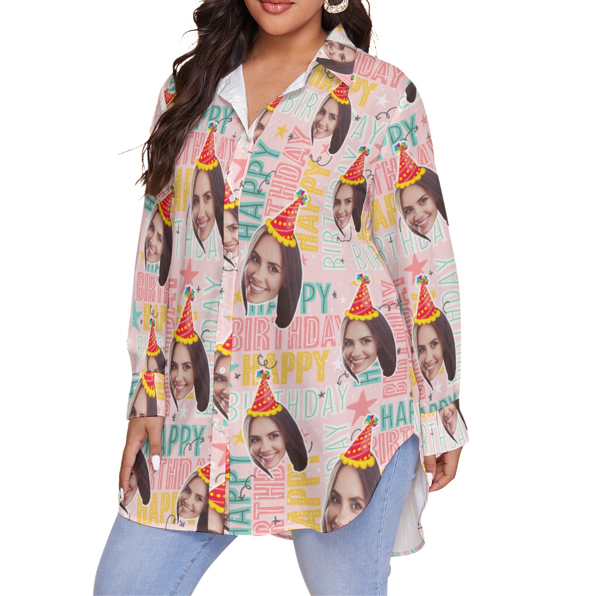 Custom Face Happy Birthday Pink Hawaiian Long Sleeve Shirt For Women