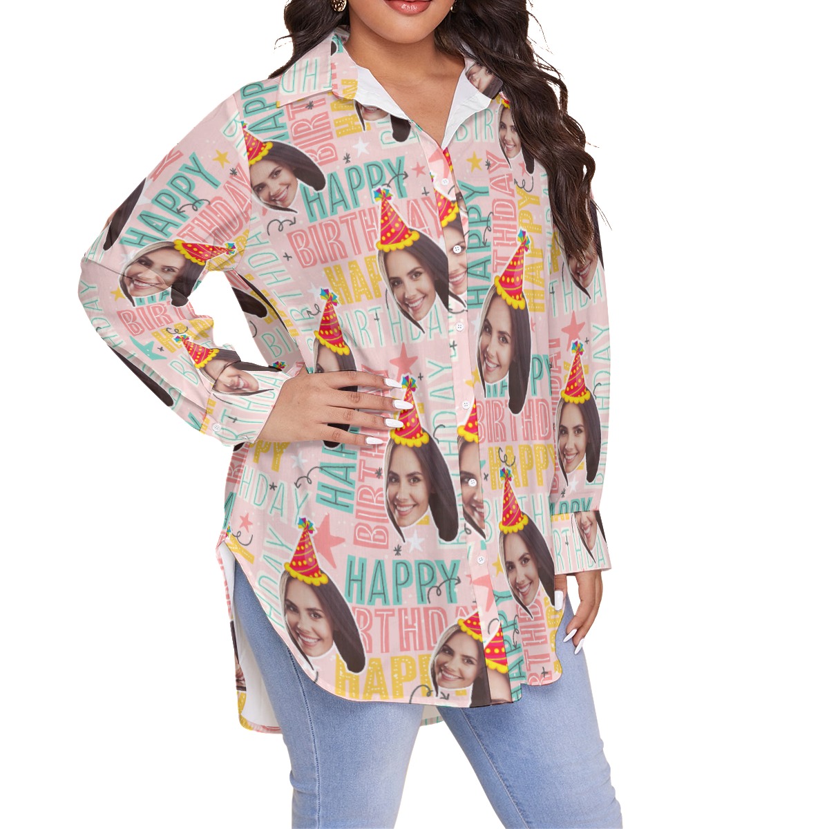 Custom Face Happy Birthday Pink Hawaiian Long Sleeve Shirt For Women