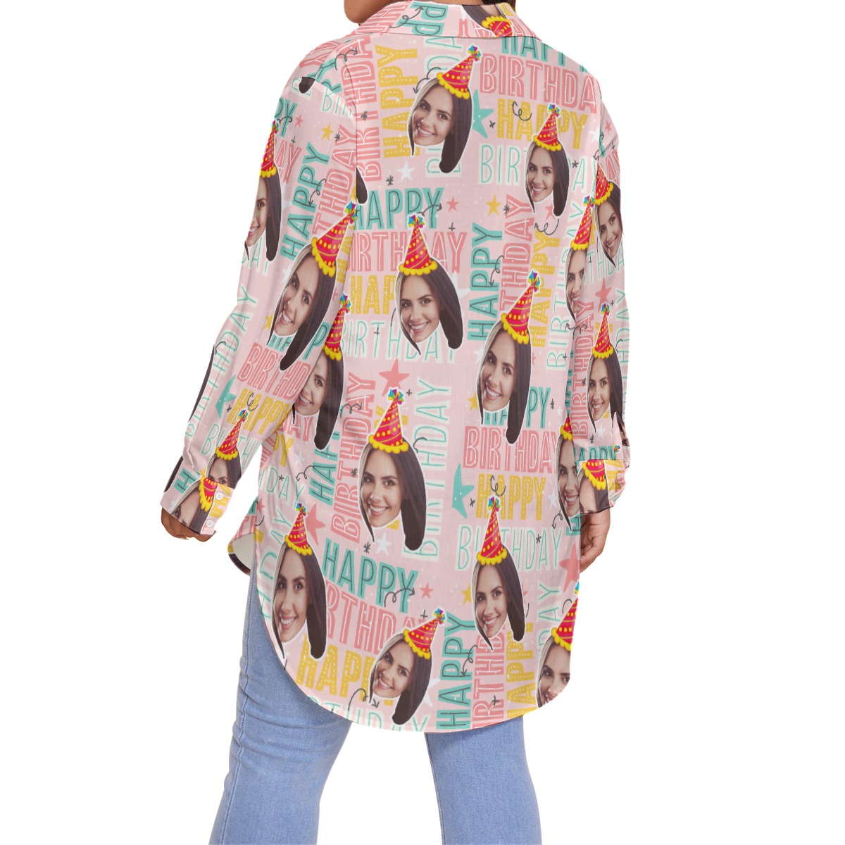 Custom Face Happy Birthday Pink Hawaiian Long Sleeve Shirt For Women