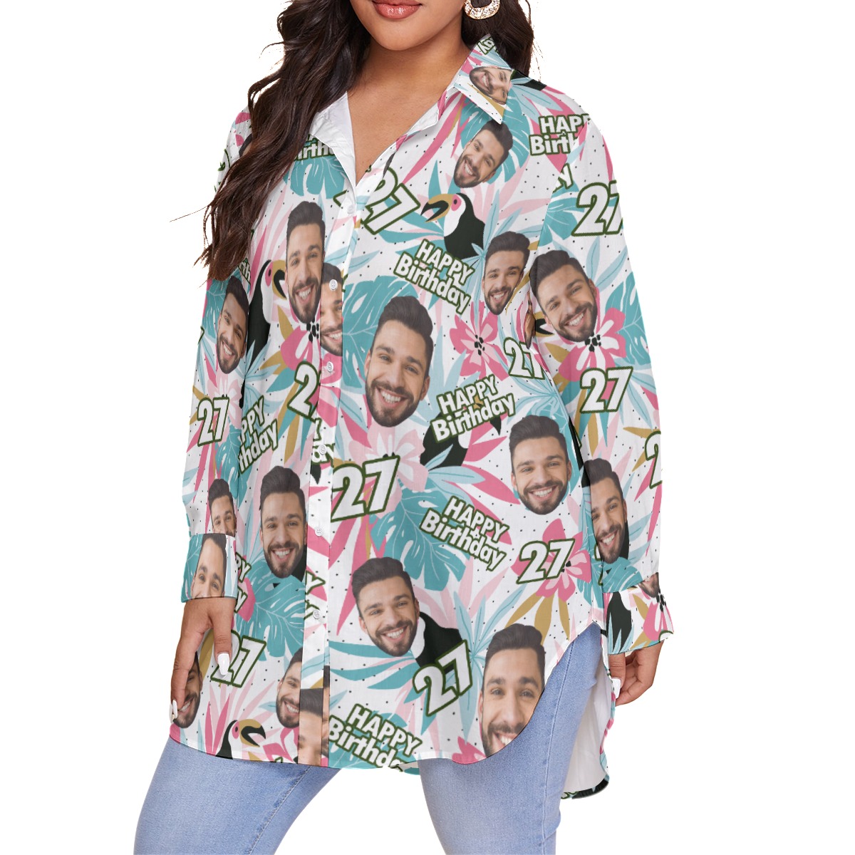 Tropical Toucans Custom Face Happy Birthday Hawaiian Oversized Shirt For Women