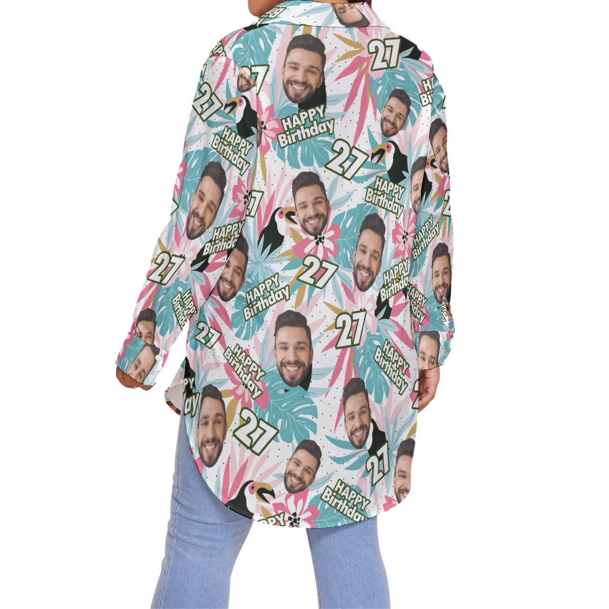 Tropical Toucans Custom Face Happy Birthday Hawaiian Oversized Shirt For Women