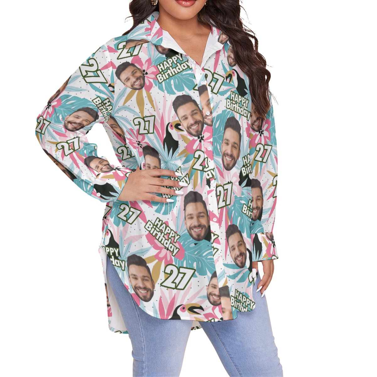 Tropical Toucans Custom Face Happy Birthday Hawaiian Oversized Shirt For Women