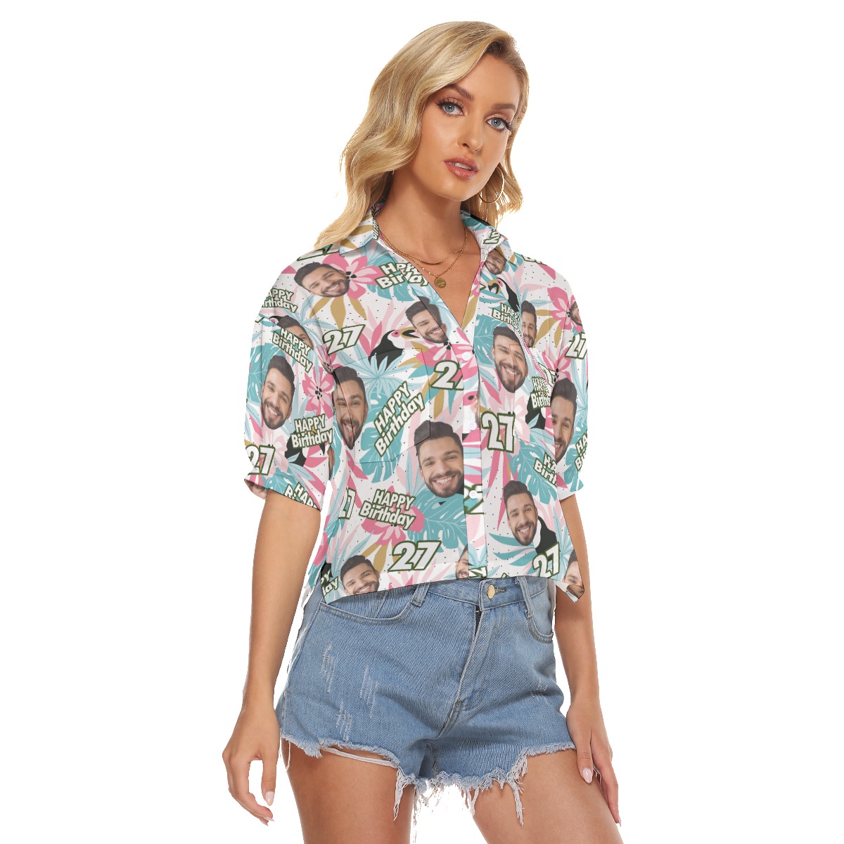 Tropical Toucans Birthday Custom Face Hawaiian Cropped Shirt