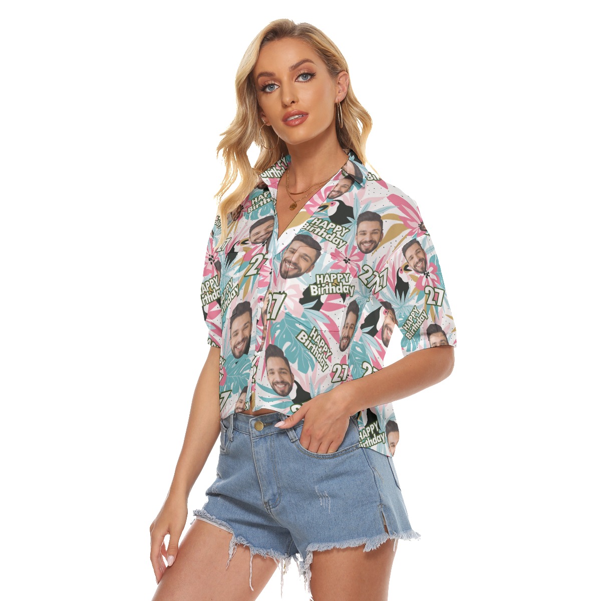 Tropical Toucans Birthday Custom Face Hawaiian Cropped Shirt
