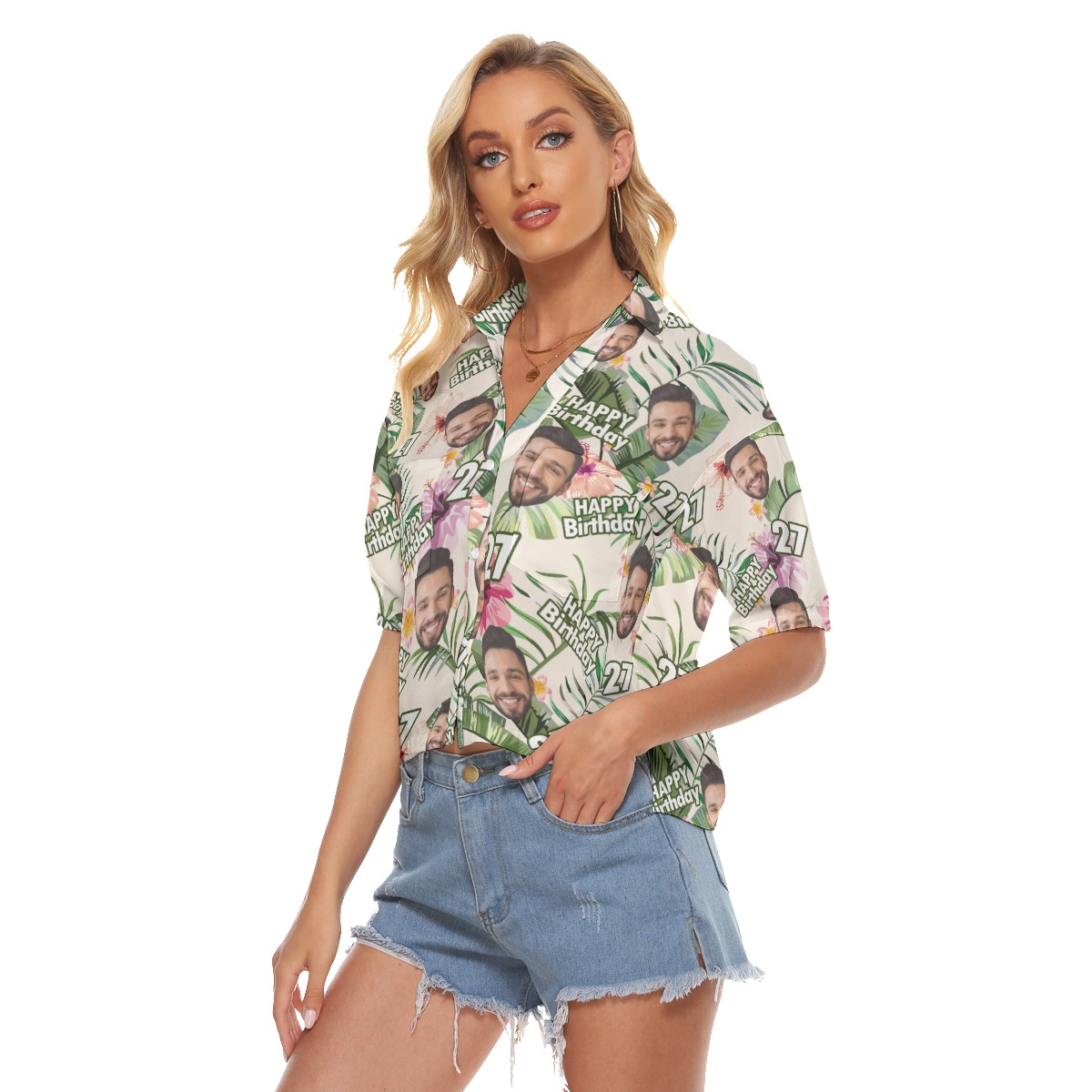 Customize Birthday Floral Hawaiian Cropped Shirt With Face