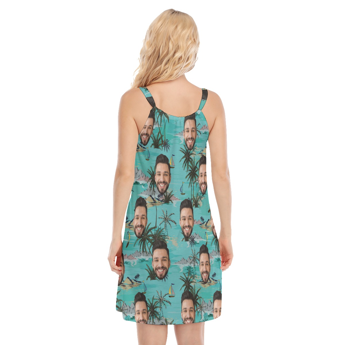 Palm Tree Island Hawaiian Cami Dress With Multi Face