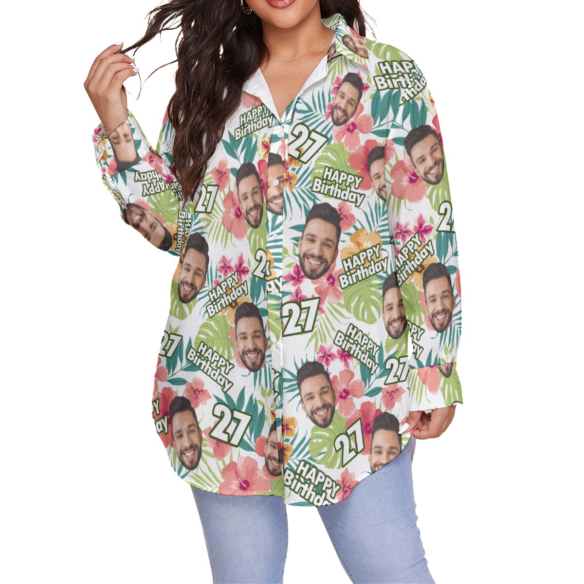 Happy Birthday Custom Face Floral Hibicus Hawaiian Plus Size Shirt - variant image 1