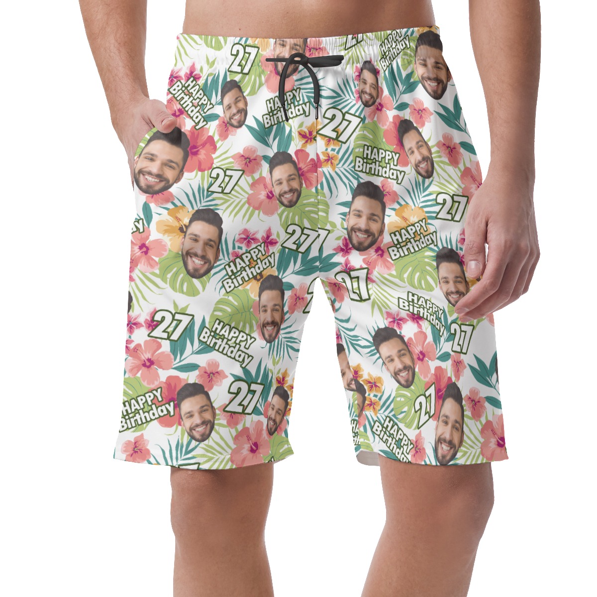 Happy Birthday Custom Face Hibicus Hawaiian Beach Shorts For Men - variant image 1