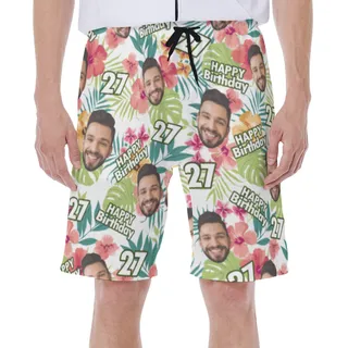 Custom Face Birthday Hibicus Hawaiian Swim Trunks For Men