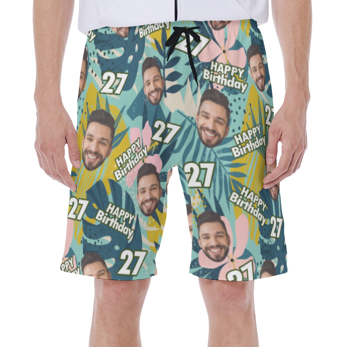 Floral Custom Face Birthday Green Hawaiian Swim Trunks For Men - variant image 1