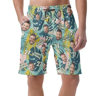 Custom Face And Age Birthday Hawaiian Summer Beach Shorts For Men