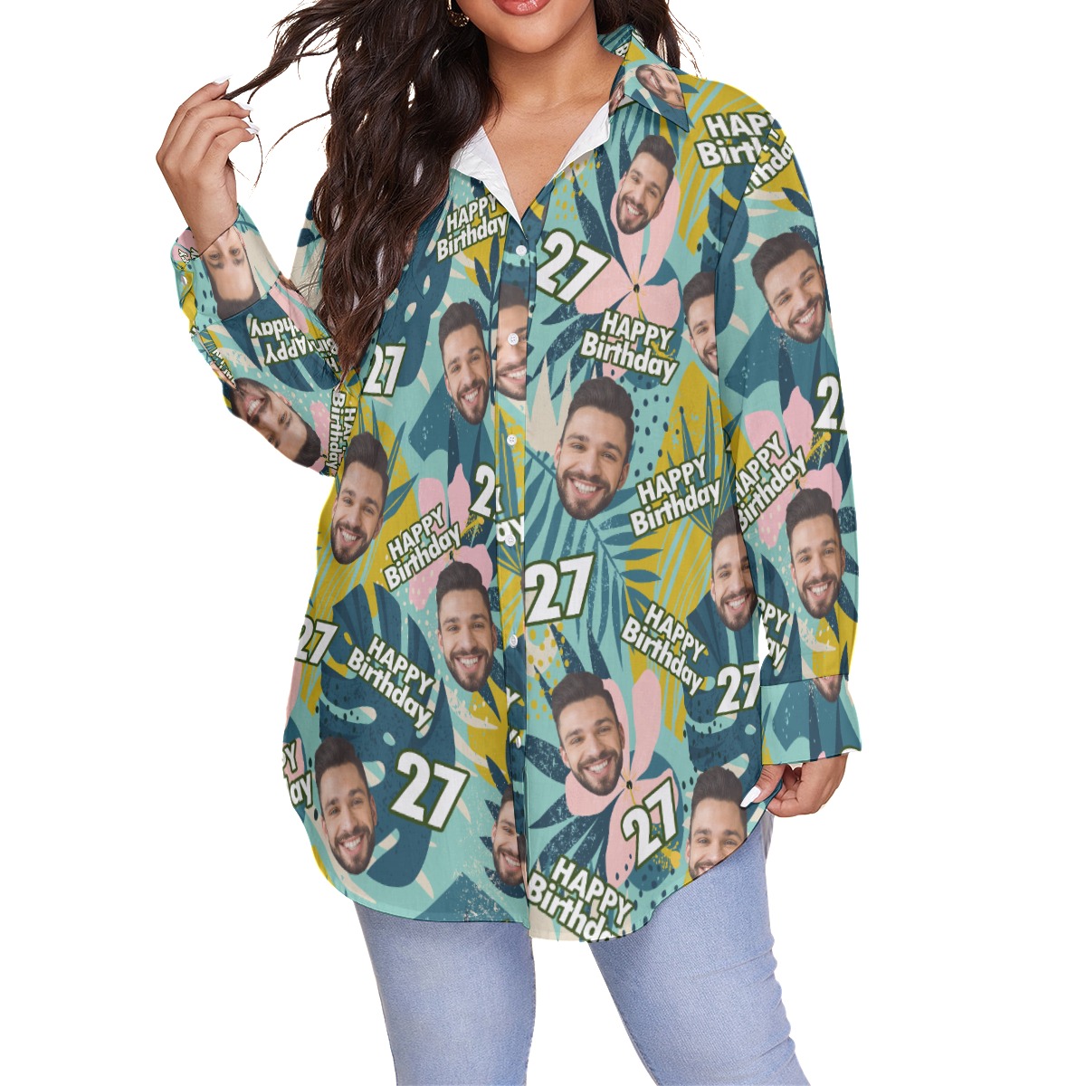Tropical Custom Face Birthday Women's Hawaiian Plus Size Shirt - variant image 1