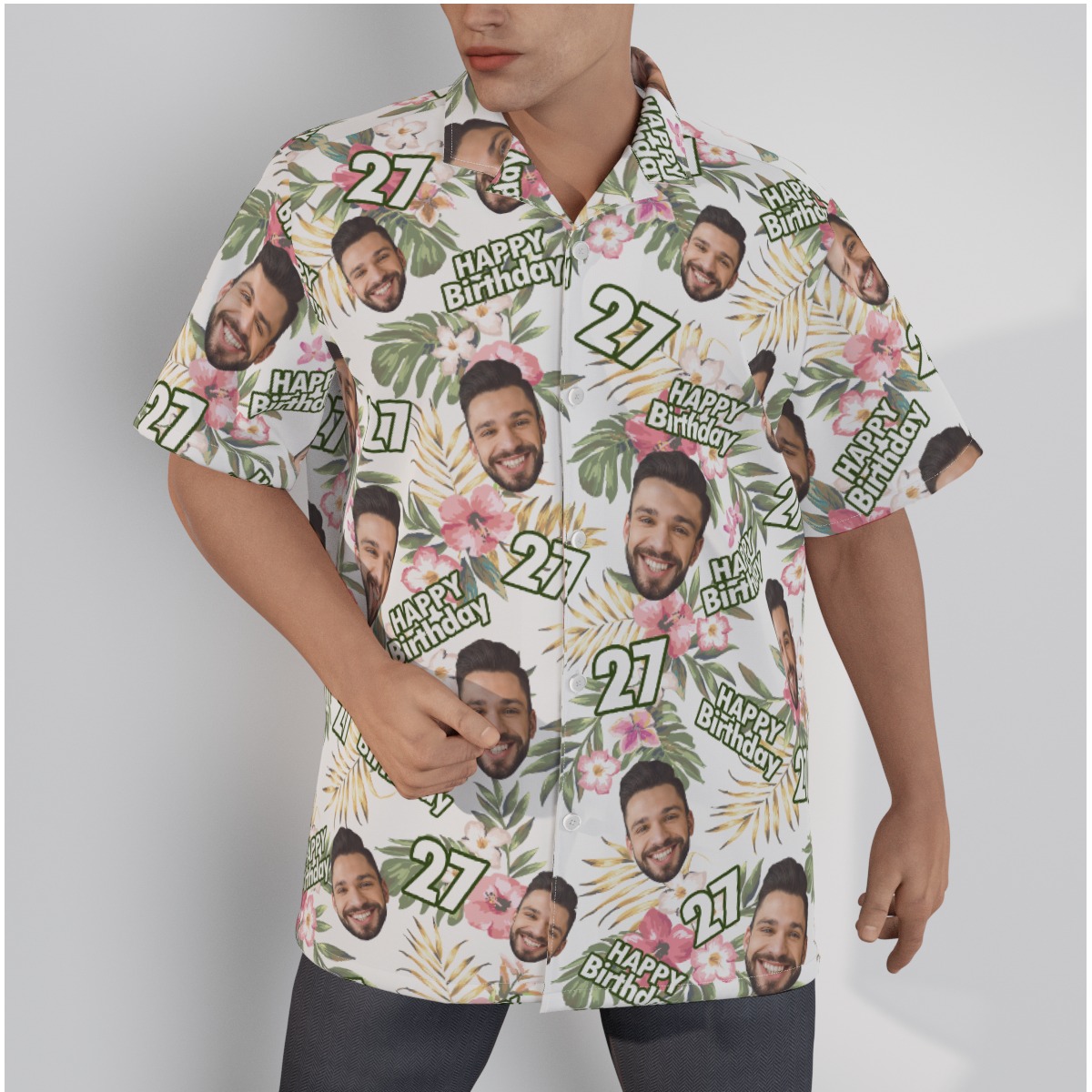 Custom Face Happy Birthday Floral White Hawaiian Shirt - variant image 1