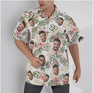 Custom Face Happy Birthday Floral White Hawaiian Shirt