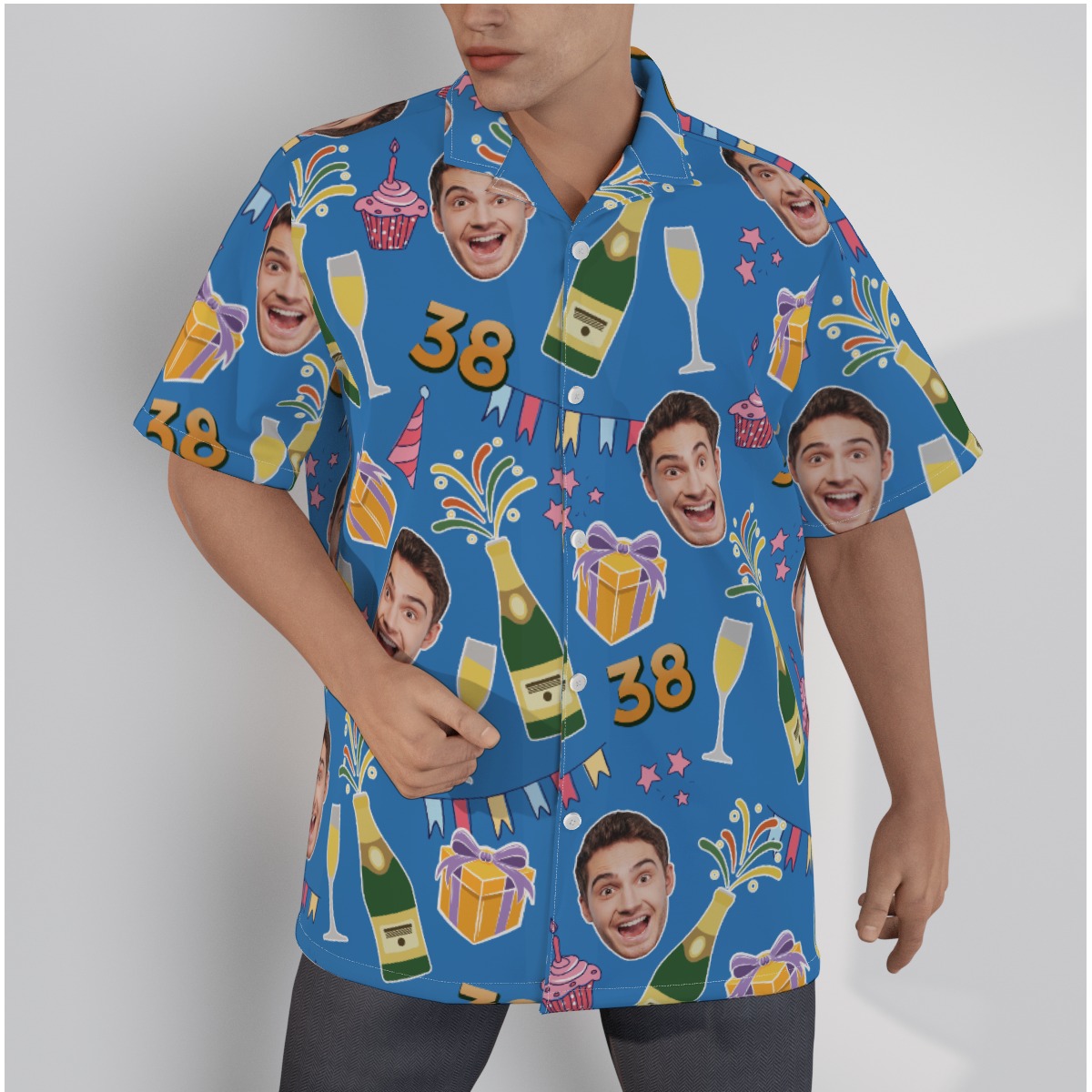 Custom Face Birthday Party Blue Hawaiian Shirt - variant image 1