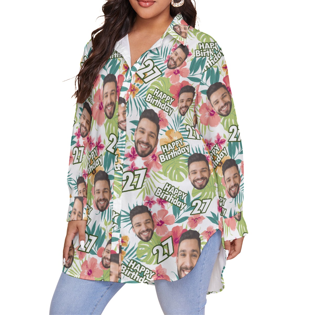 Happy Birthday Custom Face Floral Hibicus Hawaiian Plus Size Shirt