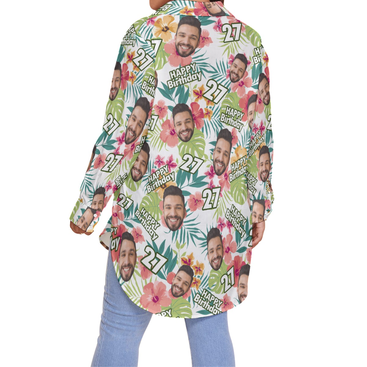 Happy Birthday Custom Face Floral Hibicus Hawaiian Plus Size Shirt