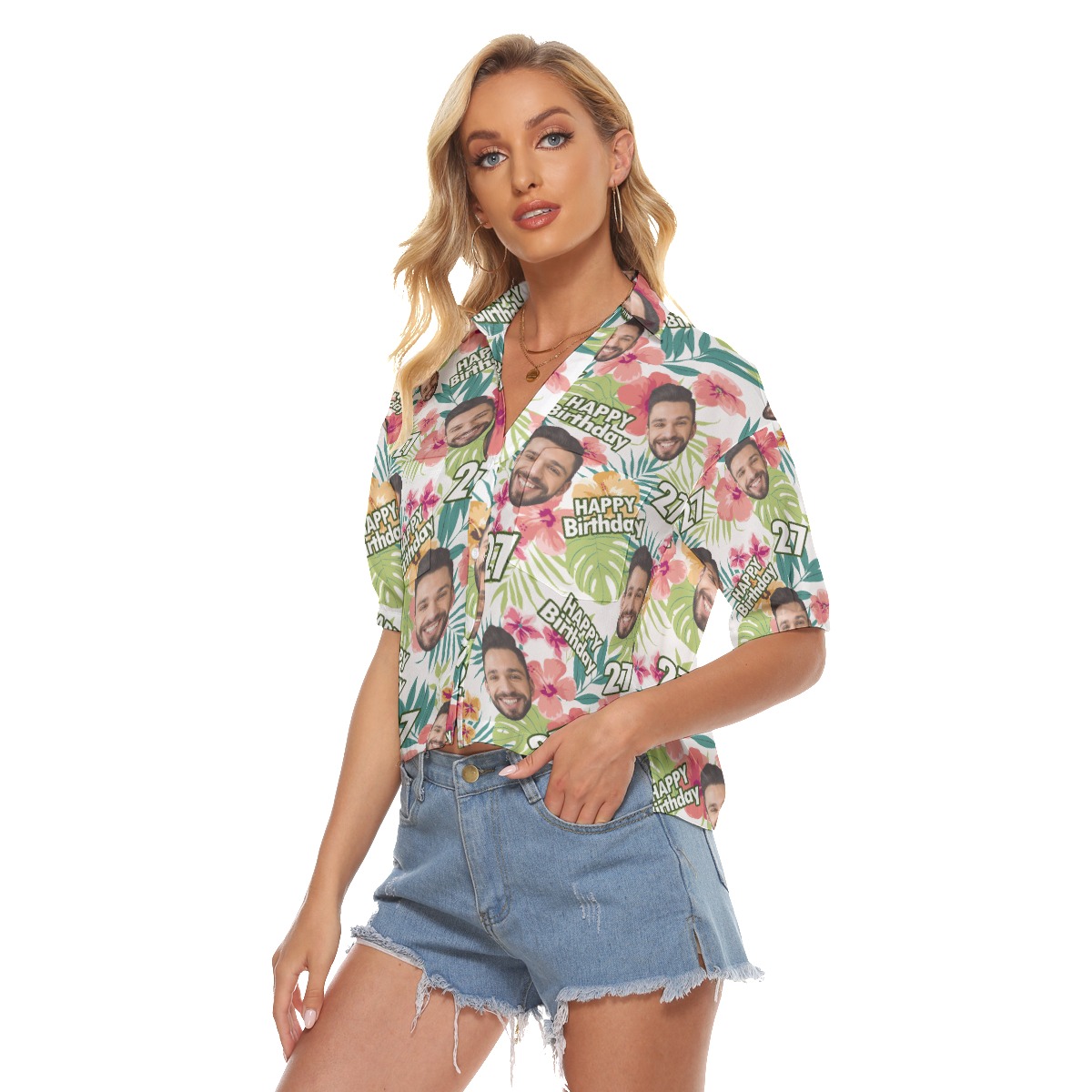Floral Custom Face And Age Birthday Hawaiian Crop Top Shirt For Women