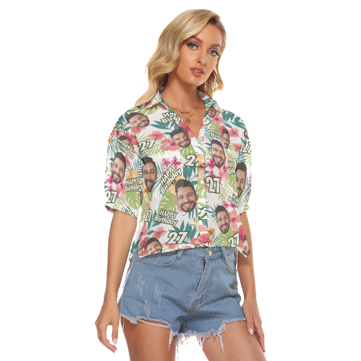 Floral Custom Face And Age Birthday Hawaiian Crop Top Shirt For Women