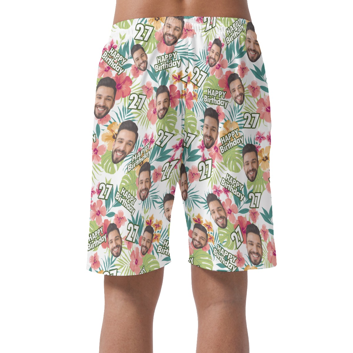 Happy Birthday Custom Face Hibicus Hawaiian Beach Shorts For Men
