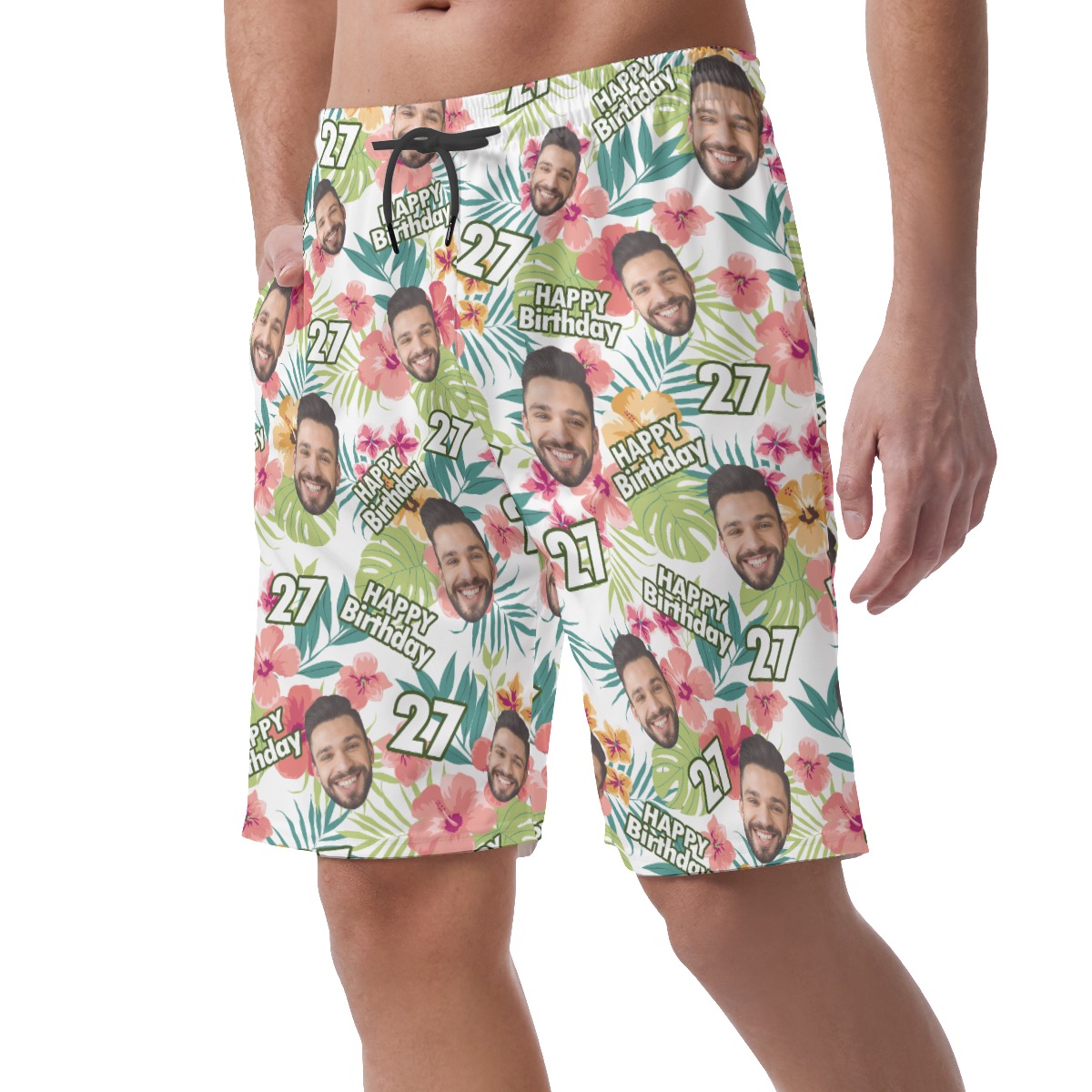 Happy Birthday Custom Face Hibicus Hawaiian Beach Shorts For Men