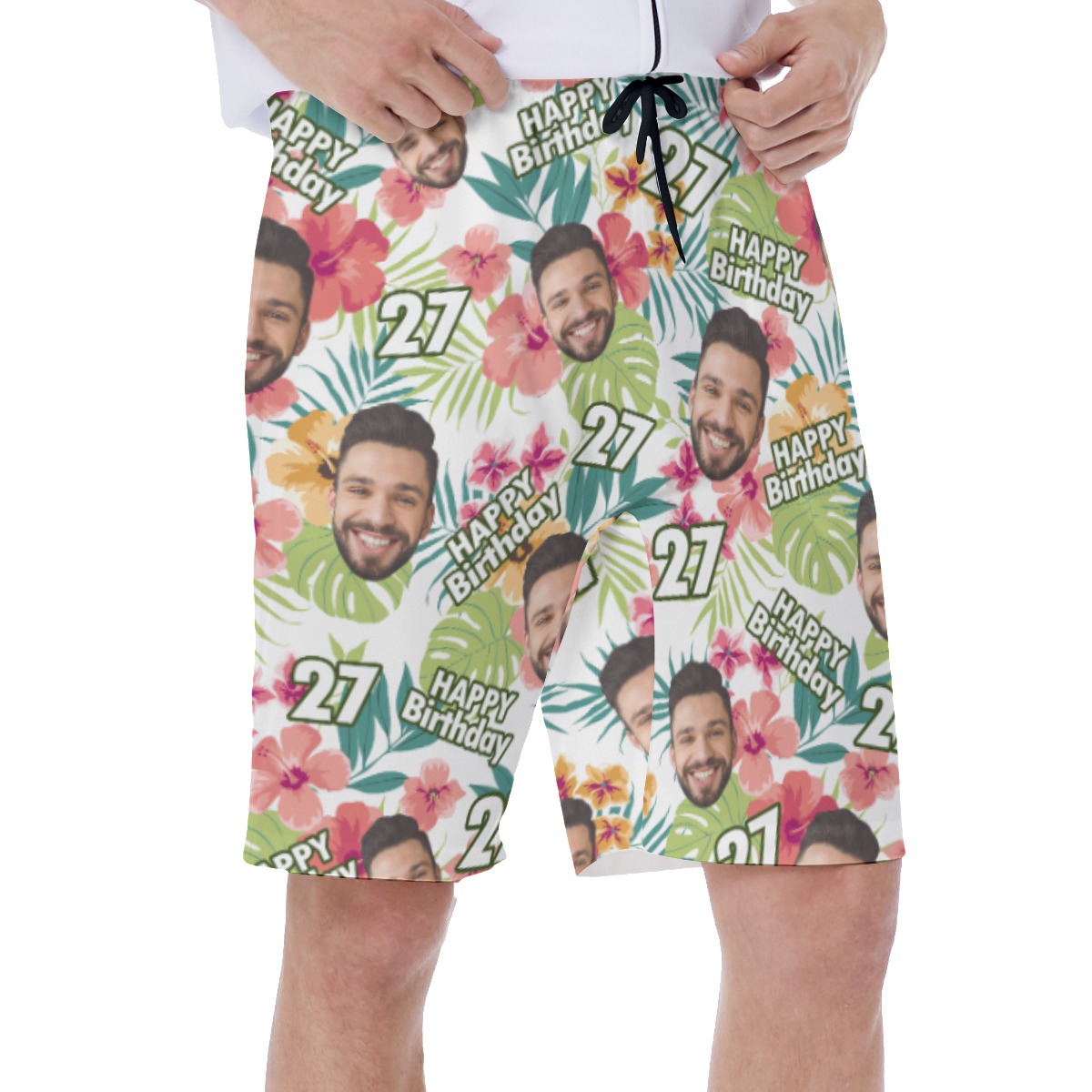 Custom Face Birthday Hibicus Hawaiian Swim Trunks For Men
