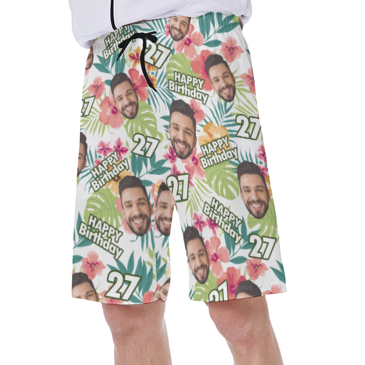 Custom Face Birthday Hibicus Hawaiian Swim Trunks For Men