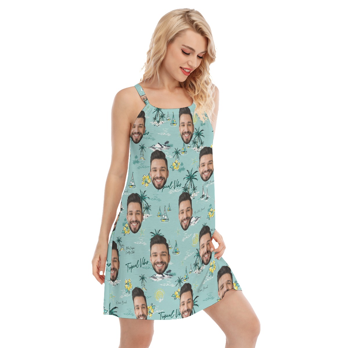 Blue Tropical Vibes Cami Dress With Custom Faces
