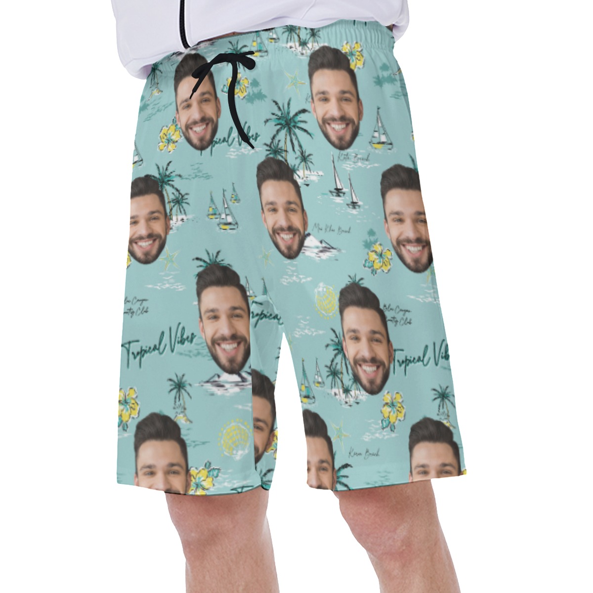 Blue Tropical Vibes Swim Trunks With Custom Faces