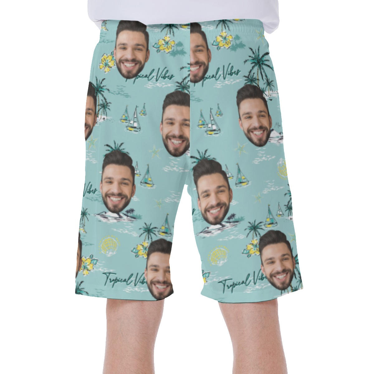 Blue Tropical Vibes Swim Trunks With Custom Faces
