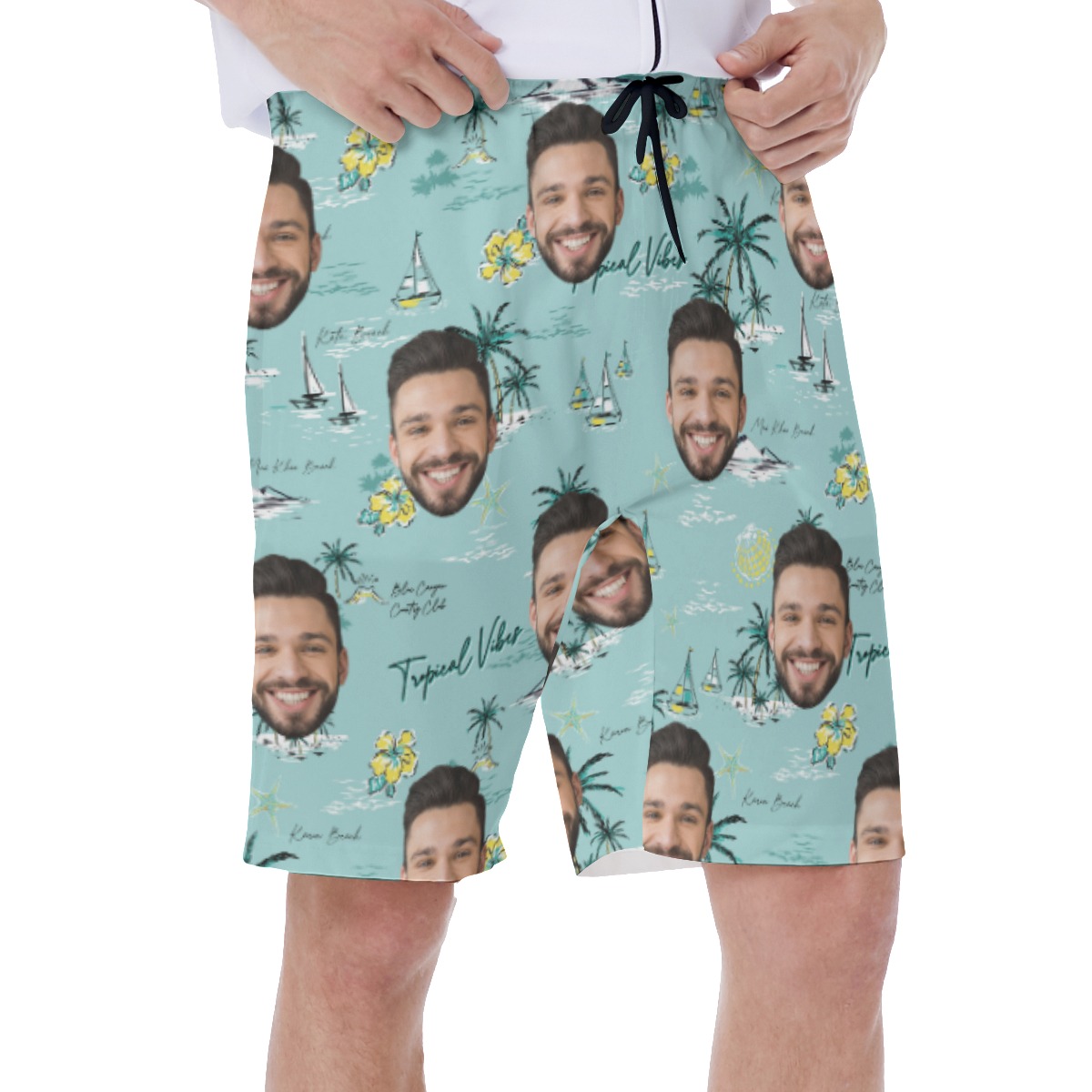 Blue Tropical Vibes Swim Trunks With Custom Faces