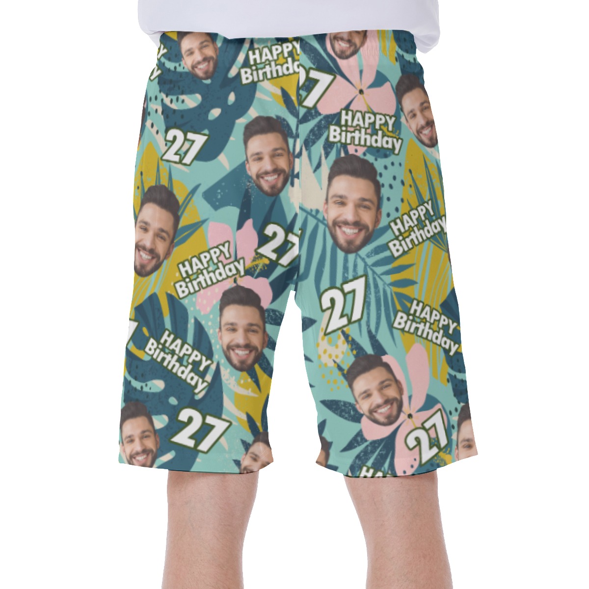 Floral Custom Face Birthday Green Hawaiian Swim Trunks For Men