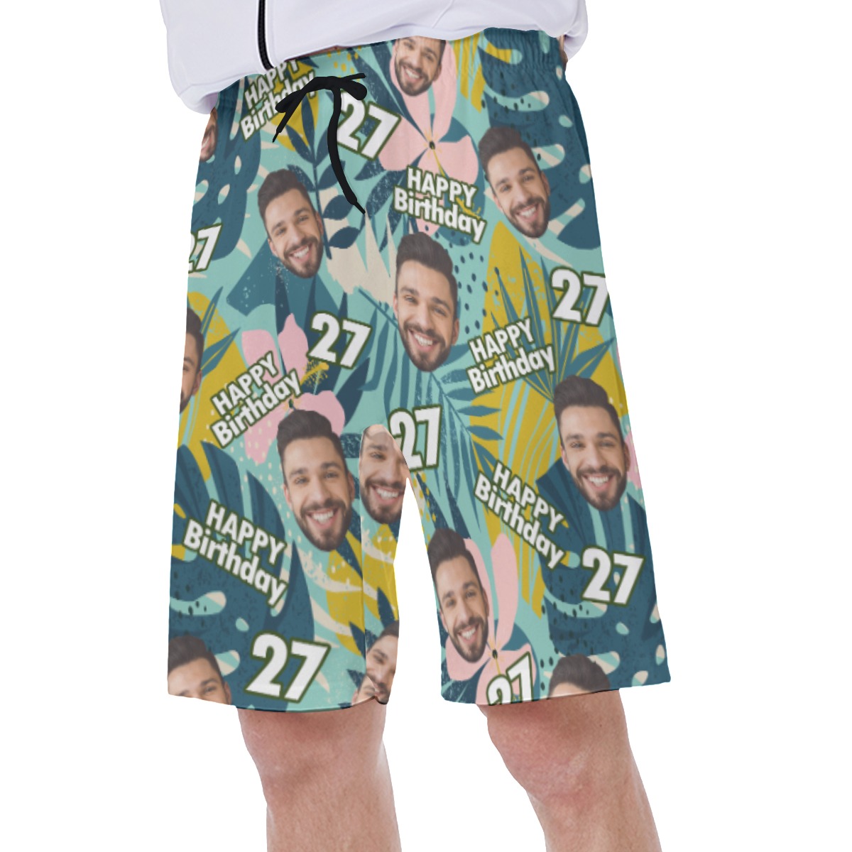 Floral Custom Face Birthday Green Hawaiian Swim Trunks For Men