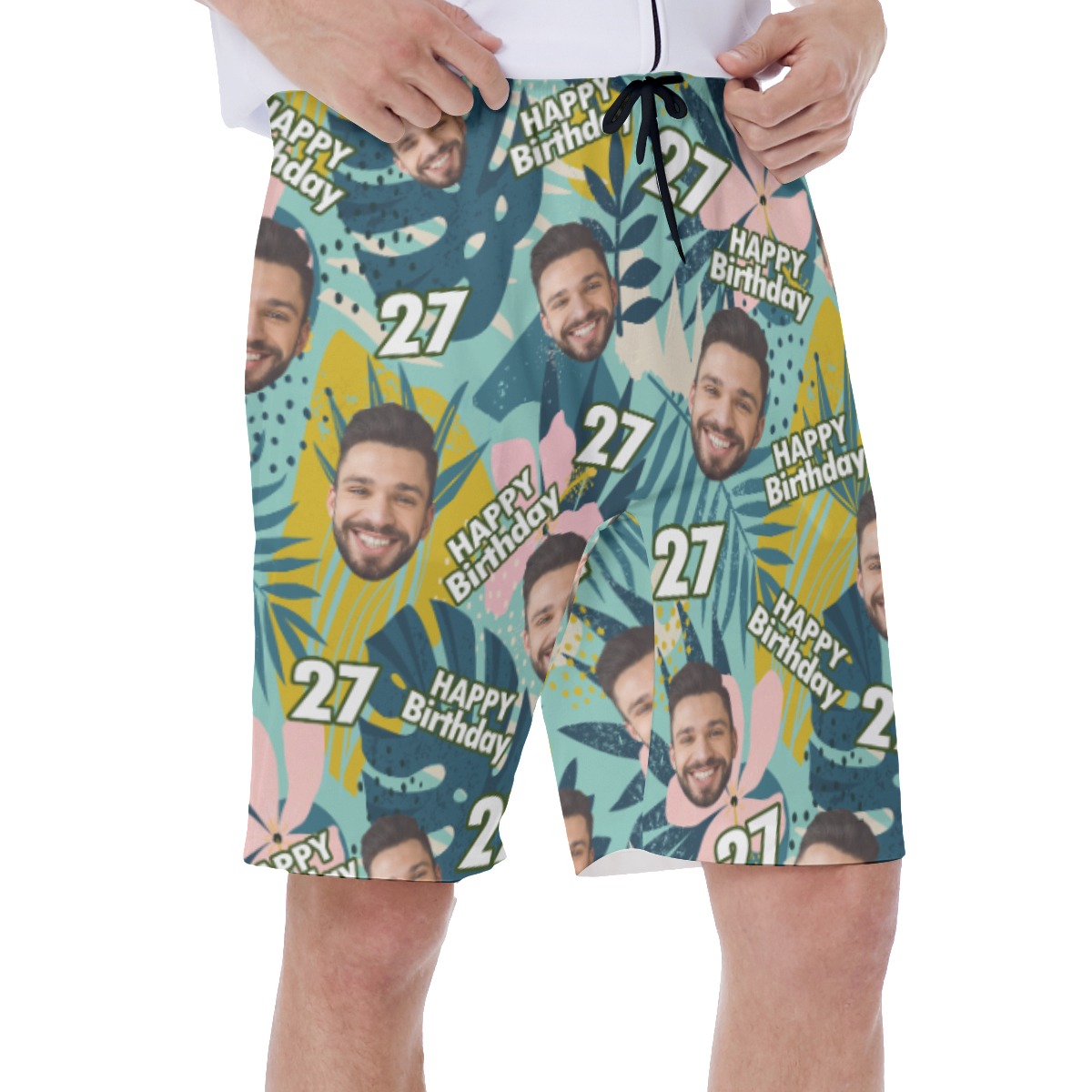 Floral Custom Face Birthday Green Hawaiian Swim Trunks For Men