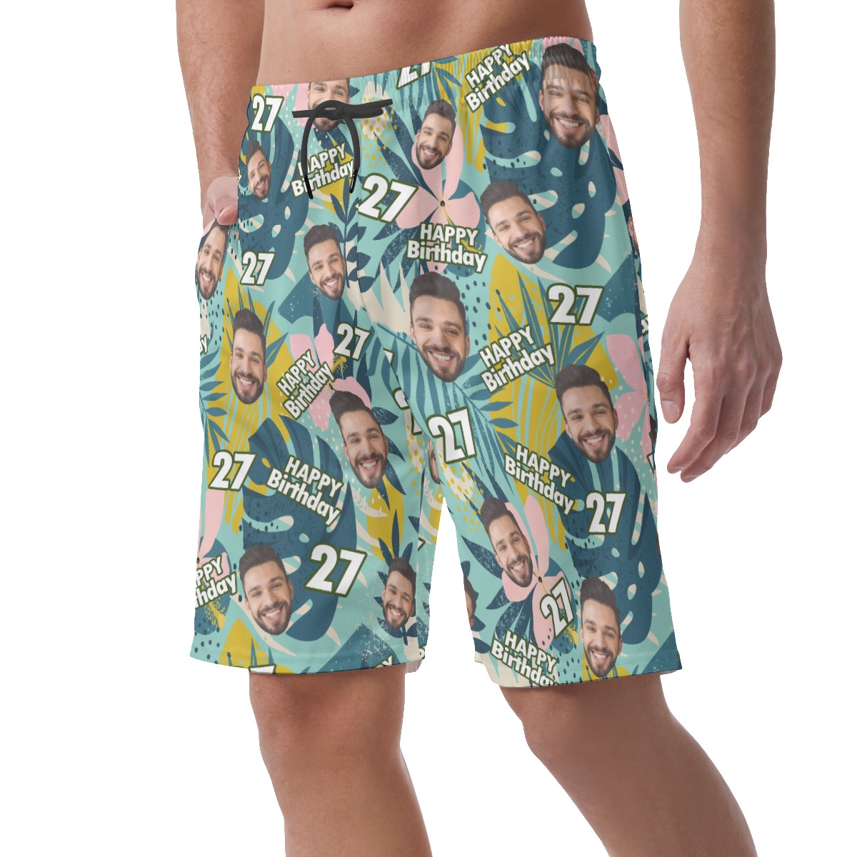 Custom Face And Age Birthday Hawaiian Summer Beach Shorts For Men