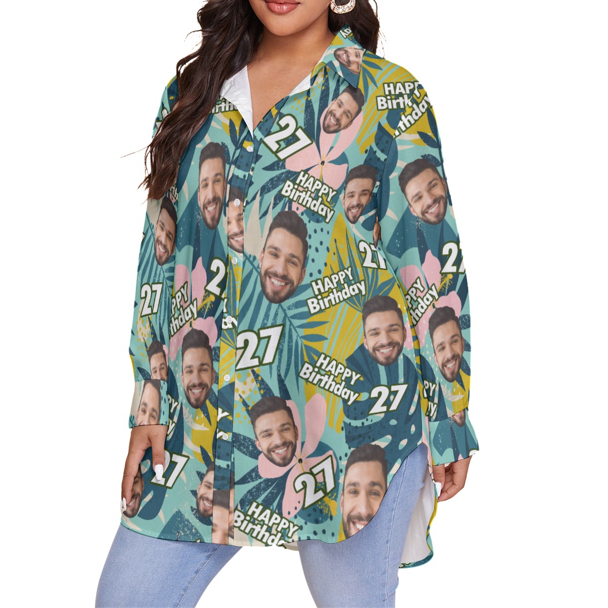 Tropical Custom Face Birthday Women's Hawaiian Plus Size Shirt