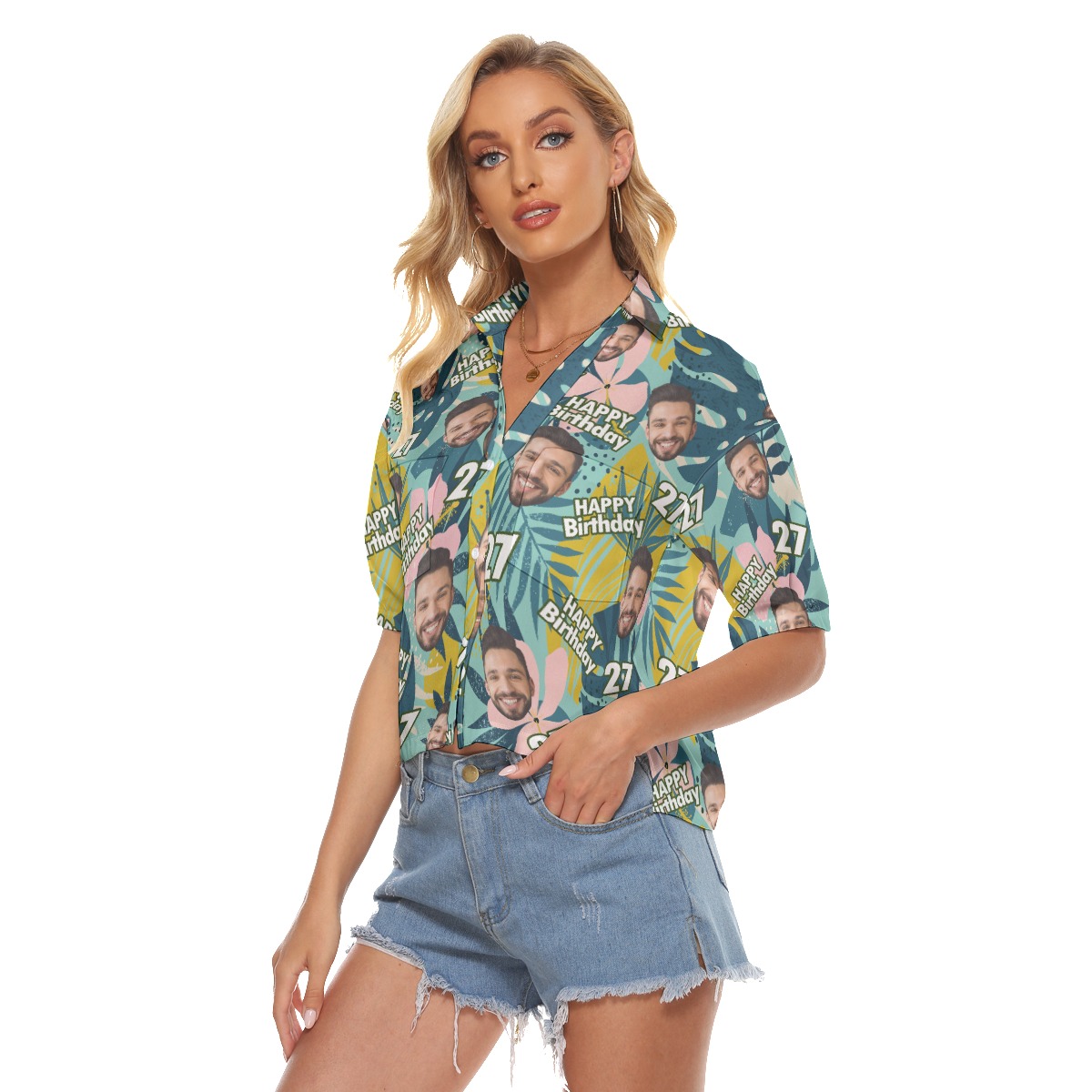 Custom Face Happy Birthday Tropical Hawaiian Crop Top Shirt