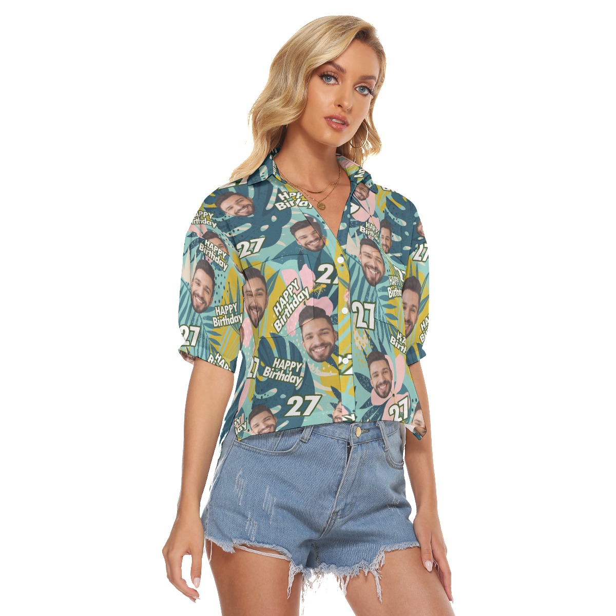 Custom Face Happy Birthday Tropical Hawaiian Crop Top Shirt