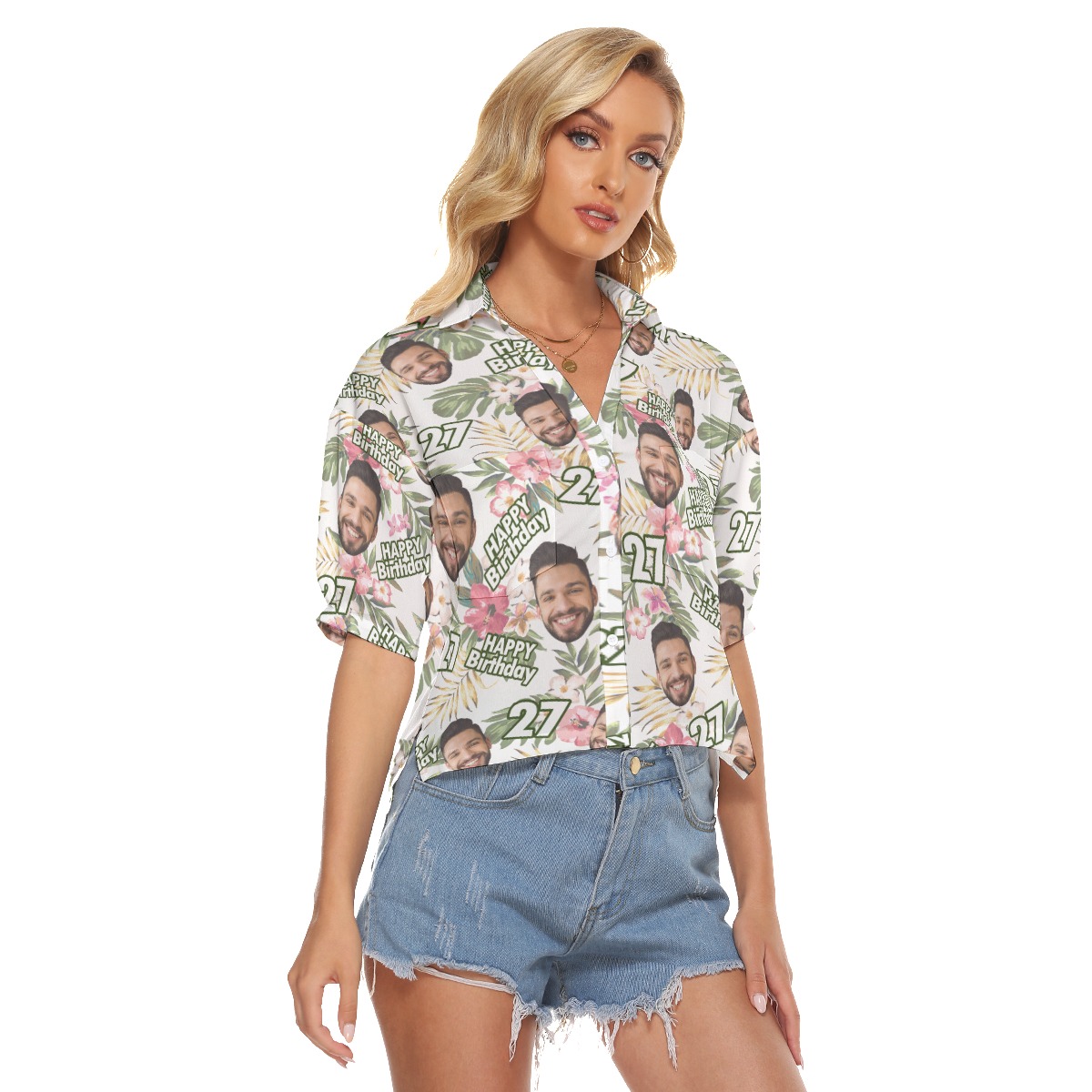 Custom Face Birthday Floral Hawaiian Cropped Shirt For Women