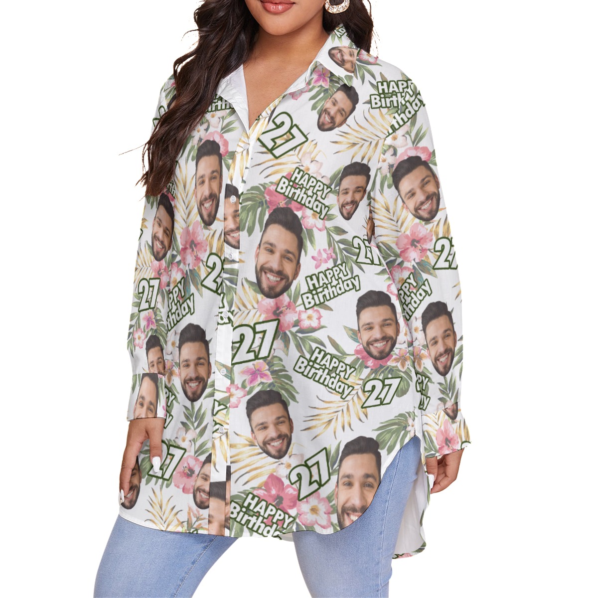 Funny Custom Face Happy Birthday Floral Aloha Plus Size Shirt