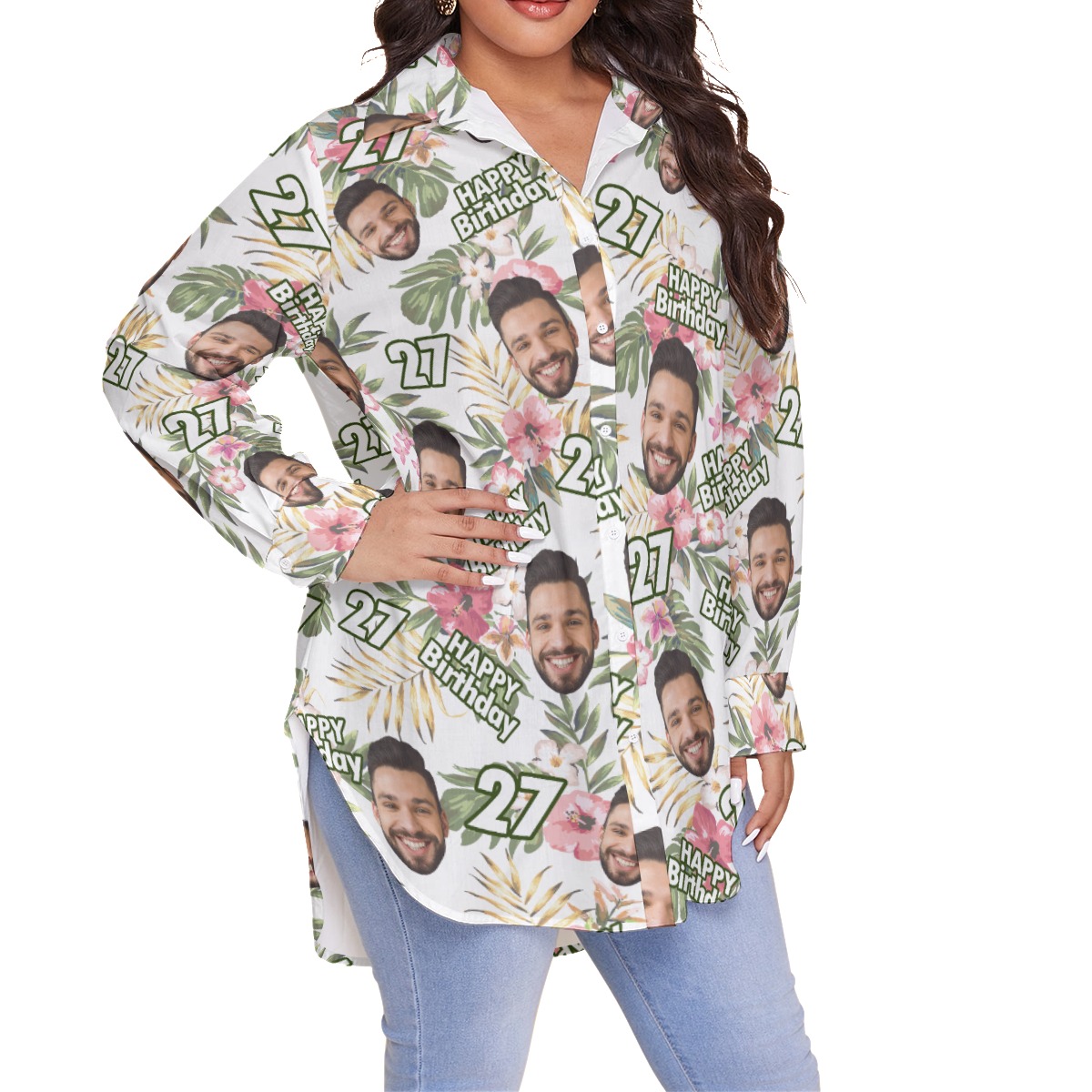 Funny Custom Face Happy Birthday Floral Aloha Plus Size Shirt