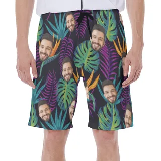 Custom Face Swim Trunk, Purple Hawaiian Leaves