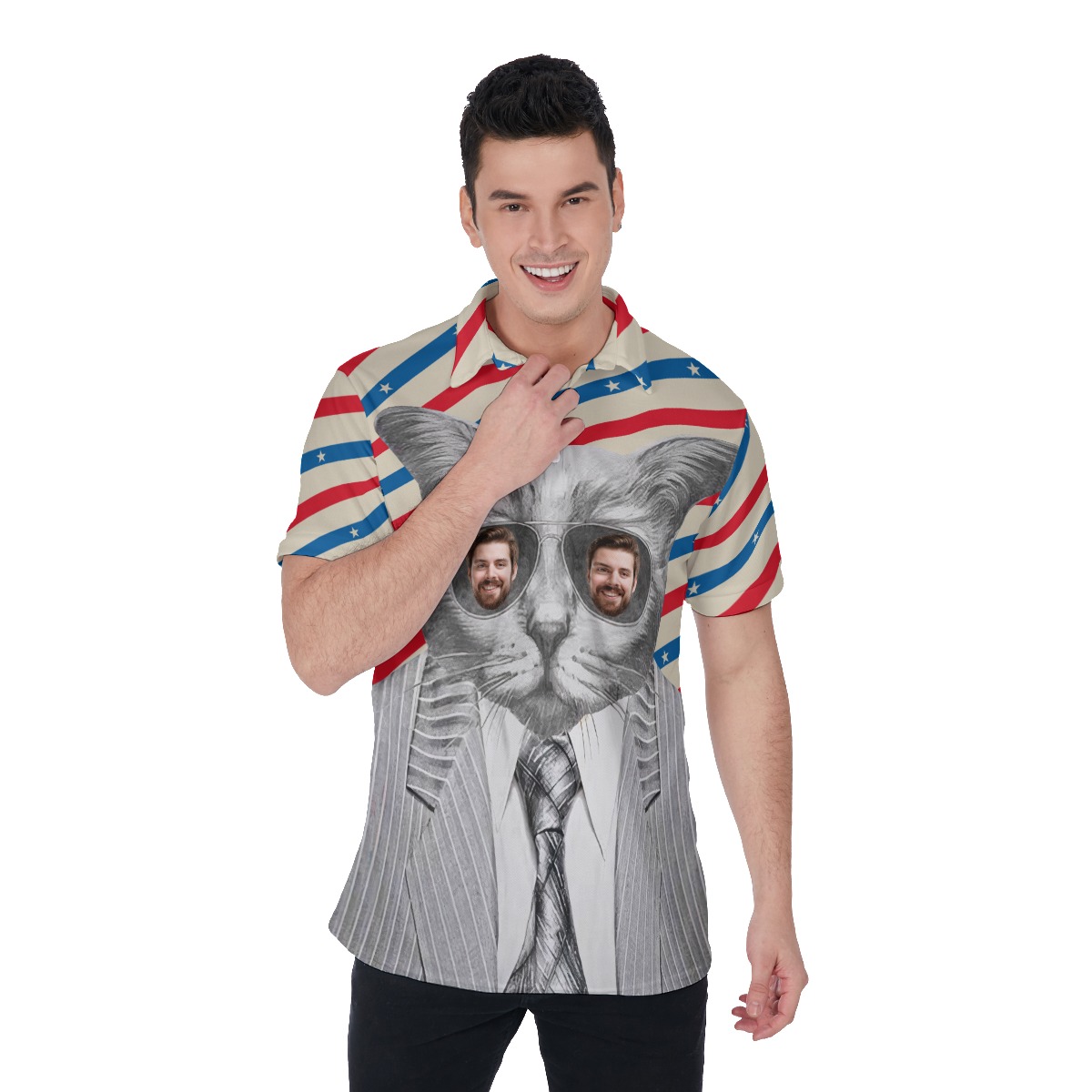 Funny Custom Face With Cat Hawaiian Polo Shirt - variant image 1