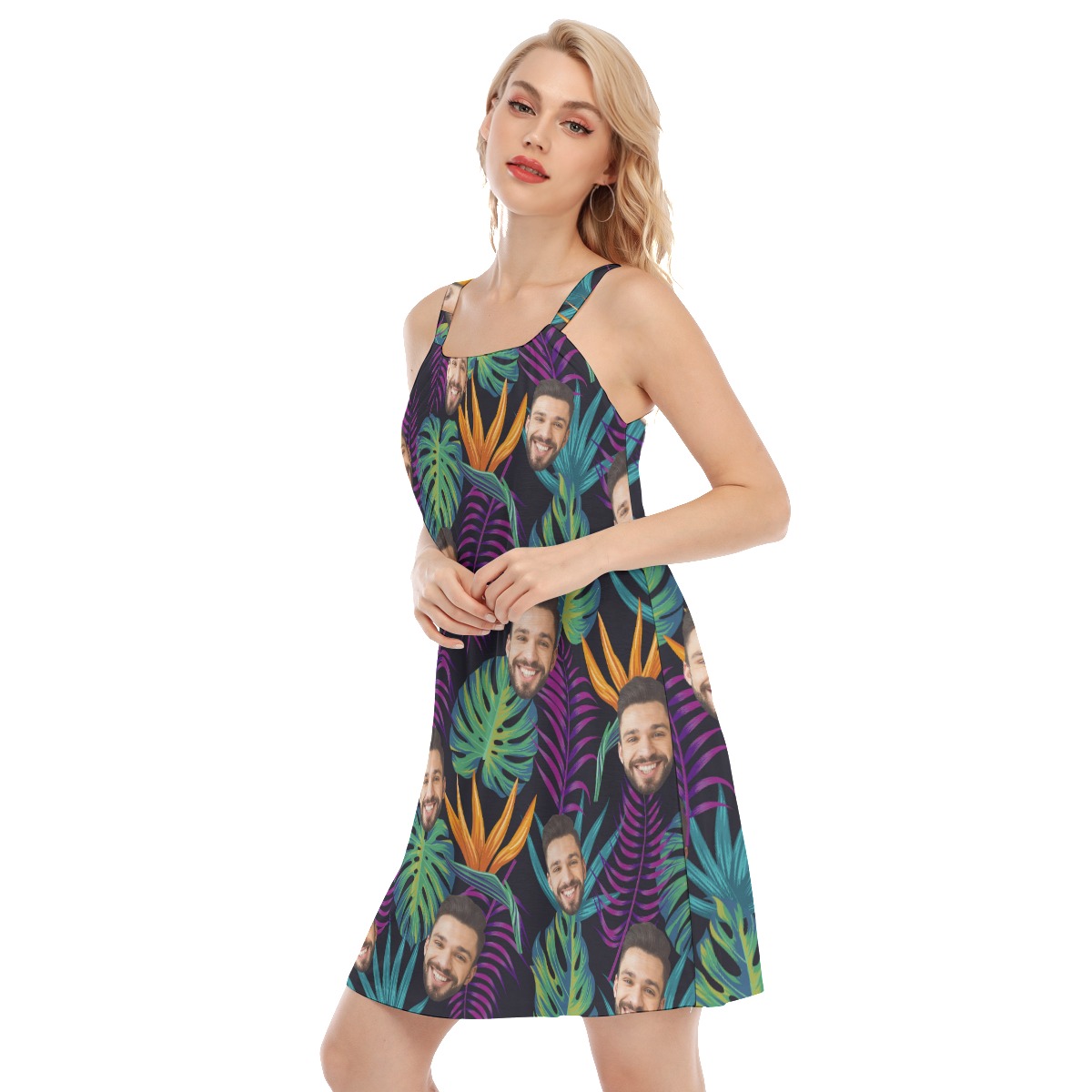 Purple Hawaiian Leaf Flower Cami Dress With Custom Face